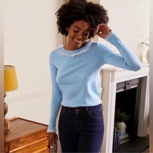 NWT Boden Frosted Blue Aimee Pointelle Jumper Sweater White Ruffle Trim Knit